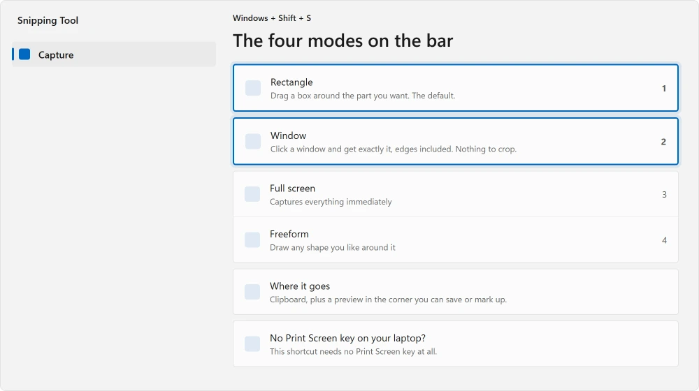 The Snipping Tool bar showing the four capture modes