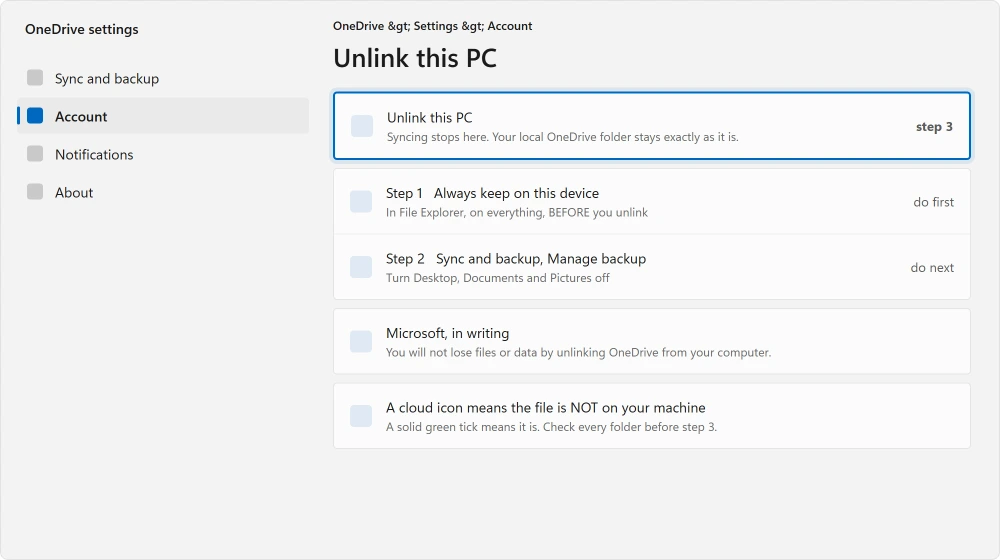OneDrive settings on the Account tab, with Unlink this PC