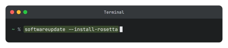 A Mac Terminal window with the softwareupdate install rosetta command typed at the prompt, which is the command Apple documents for installing Rosetta on macOS 27