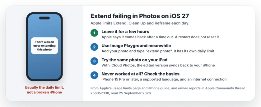 There was an error extending this photo on iOS 27: Extend has a daily usage limit; wait a few hours, use Image Playground or another device meanwhile, check the iPhone model and language if it never worked, and report it after two days