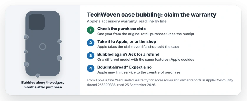 TechWoven case bubbling on iPhone 17 Pro: check the purchase date, since Apple's accessory warranty runs one year; take it to an Apple Store even if a shop sold it; if the replacement bubbles too, ask for a refund or a different model; a case bought abroad may be refused