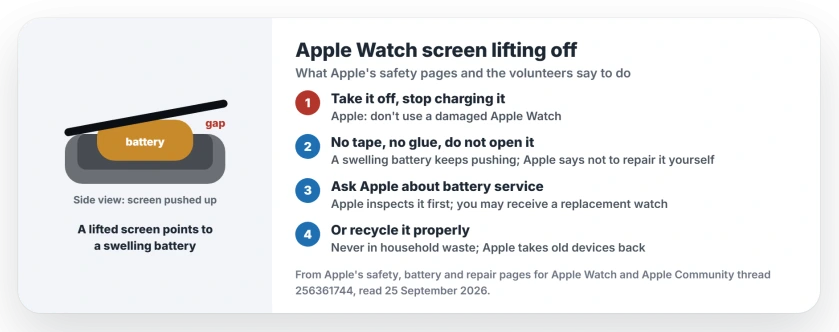 Apple Watch screen lifting off: take it off and stop charging it, since Apple says not to use a damaged Apple Watch; do not tape, glue or open it; ask Apple about battery service, which may mean a replacement watch; or recycle it, never in household waste