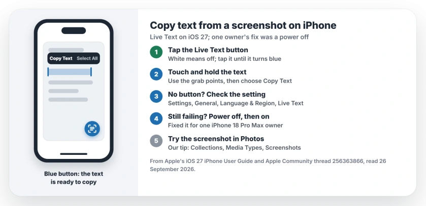 Copy text from a screenshot on iPhone: open the screenshot, tap the Live Text button so it turns blue, then touch and hold the text and tap Copy Text; check Live Text is on in Settings, General, Language and Region; if it still fails, turn the iPhone off and on