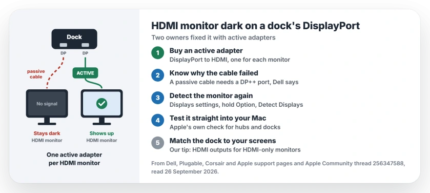 HDMI monitor on a Mac dock's DisplayPort output: a plain passive DisplayPort to HDMI cable needs a DP++ port and can leave the screen dark; an active DisplayPort to HDMI adapter converts the signal itself; use one active adapter per monitor, then detect displays