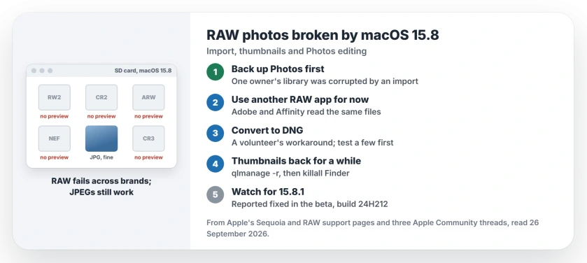 RAW photos after macOS Sequoia 15.8: back up your Photos library before importing RAW; import or edit RAW in another app for now; convert to DNG as a volunteer's workaround; qlmanage -r then killall Finder brings thumbnails back for a while; a fix is reported in the 15.8.1 beta