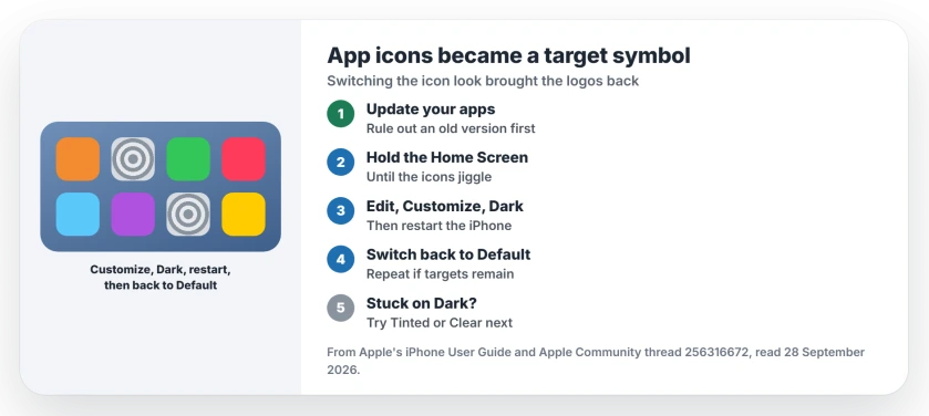 iPhone app icons turned into a target symbol: touch and hold the Home Screen until the icons jiggle, tap Edit, choose Customize, pick Dark, restart, then switch back to Default; repeat if some icons stay as targets