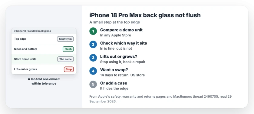 iPhone 18 Pro Max back glass not flush at the top: compare it with an Apple Store demo unit, check that the glass sits slightly in rather than lifting out, stop using the phone if it lifts or grows, and use the 14 day return window or the warranty if you want an exchange