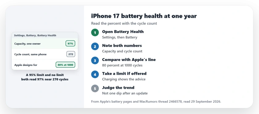 iPhone 17 battery health at one year: open Settings, Battery, Battery Health and read Maximum Capacity and Cycle Count together, compare them with Apple's design line of 80 percent after 1000 full cycles, and set a charge limit if your iPhone recommends one