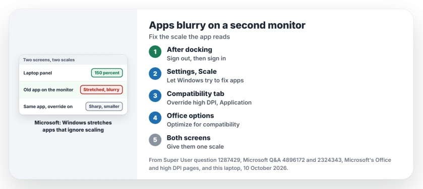 Apps blurry on a second monitor in Windows 11: sign out and back in, turn on Fix scaling for apps for the main display, override high DPI scaling for one app, switch Office to Optimize for compatibility, then match the scale on both screens