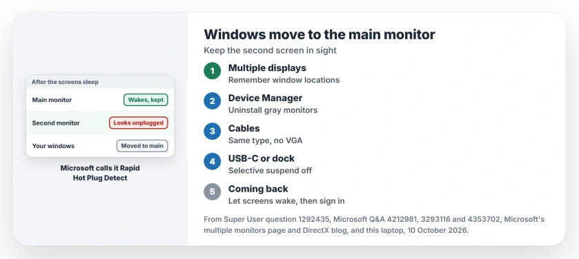 Windows move to the main monitor after sleep: tick Remember window locations, remove grayed-out monitors in Device Manager, use the same cable type on both screens, keep USB-C ports awake, then wake the screens before signing in