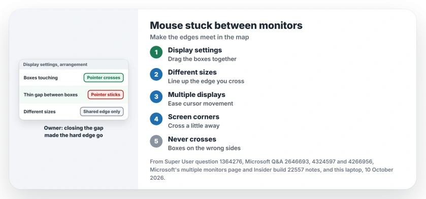Mouse stuck at the edge between two monitors in Windows 11: close the gap between the display boxes, line up the edges you cross, turn on Ease cursor movement between displays, then cross away from the corners