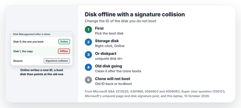 Disk offline with a signature collision: decide which disk you boot from, bring a data disk online or set a new ID with diskpart uniqueid, wipe the old disk only after the clone boots, put the old ID back if a clone stops booting