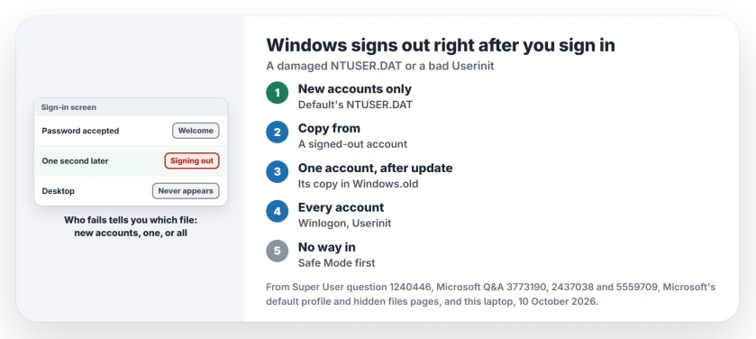 Windows signs you out right after you sign in: only new accounts means the Default profile's NTUSER.DAT, one account after an update means its copy in Windows.old, every account means the Userinit value in Winlogon