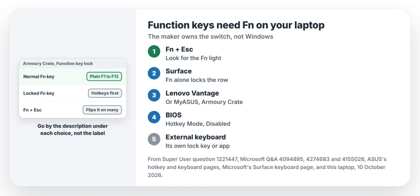Function keys need Fn on a laptop: press Fn and Esc once, look for the Fn light, switch Function key lock or Hotkey Mode in the maker's app, or change Hotkey Mode in the BIOS, and keep Fn for the other job