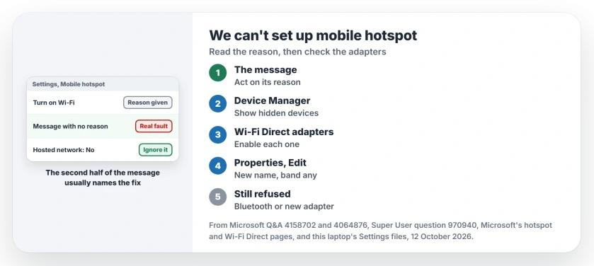 We can't set up mobile hotspot in Windows 11: read the reason after the message, ignore Hosted network supported No, turn the Wi-Fi Direct virtual adapters back on, then change the network name, password and band