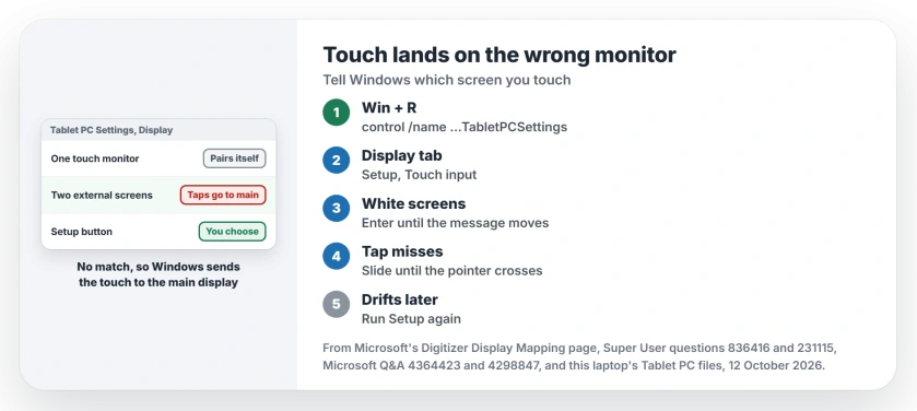 Touchscreen taps landing on the wrong monitor in Windows: open Tablet PC Settings, click Setup, press Enter until the tap message shows on the touch monitor, then touch it