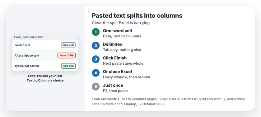 Excel splitting pasted text into columns: run Text to Columns on one cell with only Tab ticked, close every Excel window, or press F2 and paste inside the cell