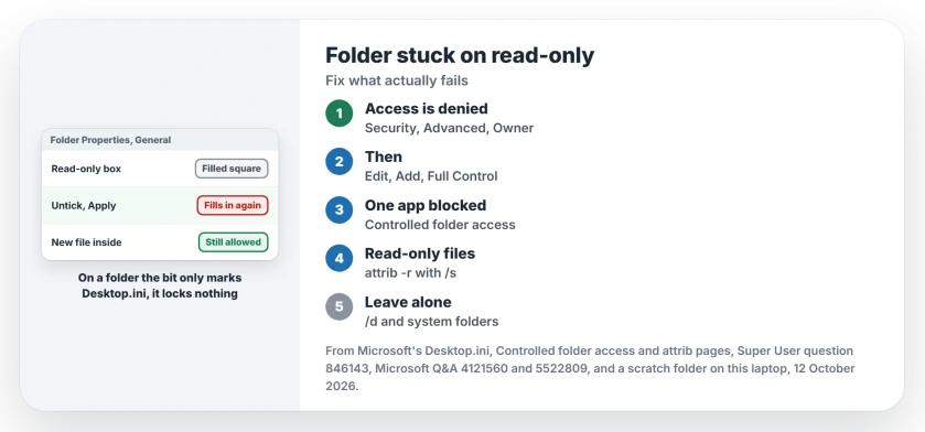 Folder stuck on read-only in Windows: the filled box is normal, so check the exact error, take ownership after a reinstall, check Controlled folder access, and clear the bit on files only