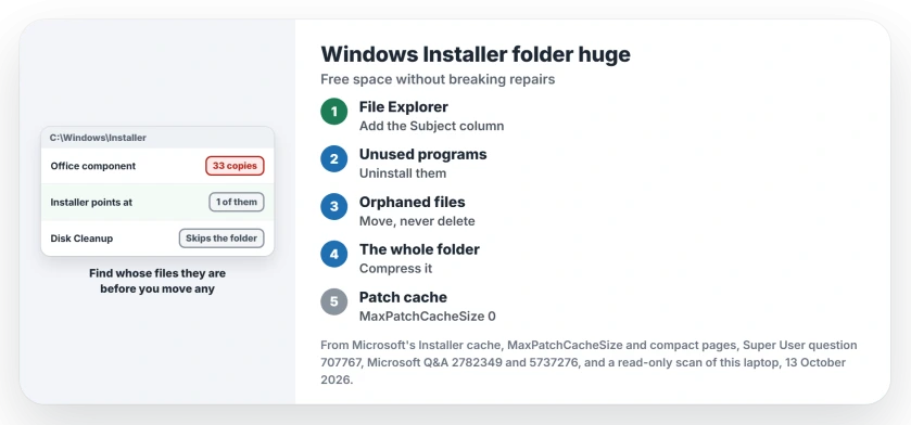 Windows Installer folder huge: see which product owns the files, uninstall what you do not use, move unreferenced files instead of deleting them, compress the folder, and stop the patch cache growing