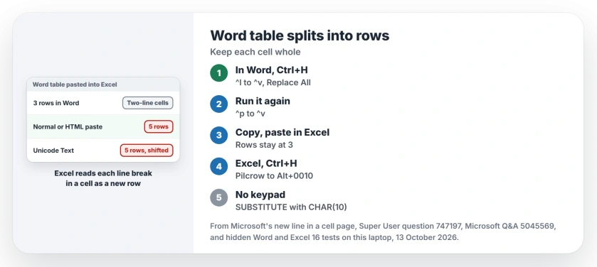 Word table pasted into Excel splits cells into rows: replace line breaks and paragraph marks in the table with a marker in Word, paste, then replace the marker with a line break in Excel