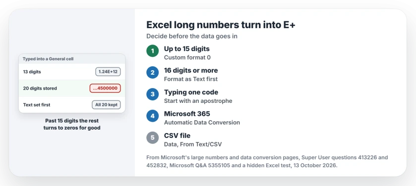 Excel turning long numbers into E+ or zeros: up to 15 digits use the custom format 0, at 16 digits or more format the column as Text or type an apostrophe before you paste, import CSV files instead of opening them