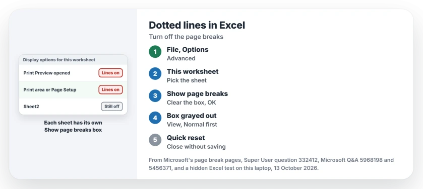 Dotted page break lines in Excel: switch Show page breaks off in Excel Options, Advanced, for this worksheet; go back to Normal view first if the box is grayed out; close without saving for a quick reset