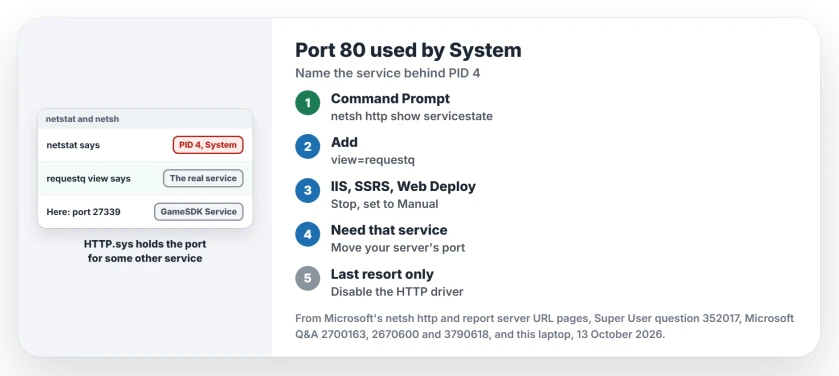 Port 80 used by System PID 4 on Windows: run netsh http show servicestate view=requestq to see which service owns the port, stop that service or move your server to another port, and leave the HTTP driver alone