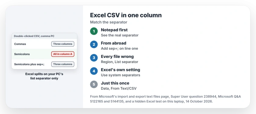 Excel opening a CSV in one column: open the file in Notepad to see its separator, add a sep= line or import it with the right delimiter, and check Excel's own decimal separator setting