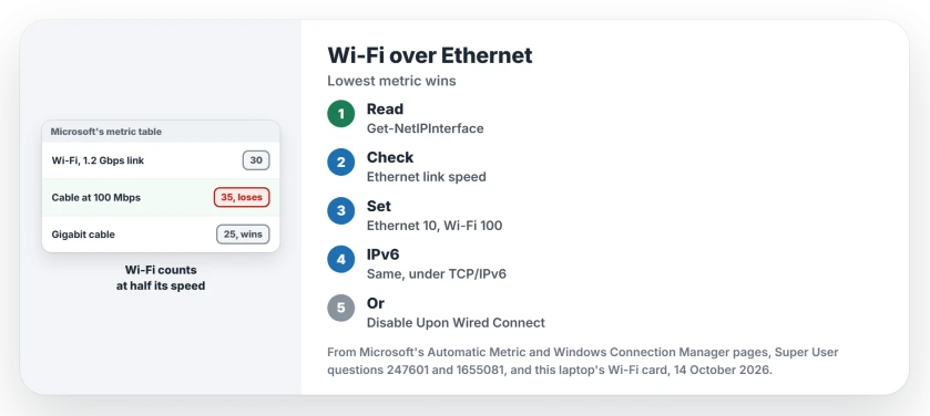 Windows uses Wi-Fi instead of Ethernet: read both interface metrics and link speeds, give Ethernet the lower metric in TCP/IPv4 and TCP/IPv6, or let the Wi-Fi driver switch off when a cable connects