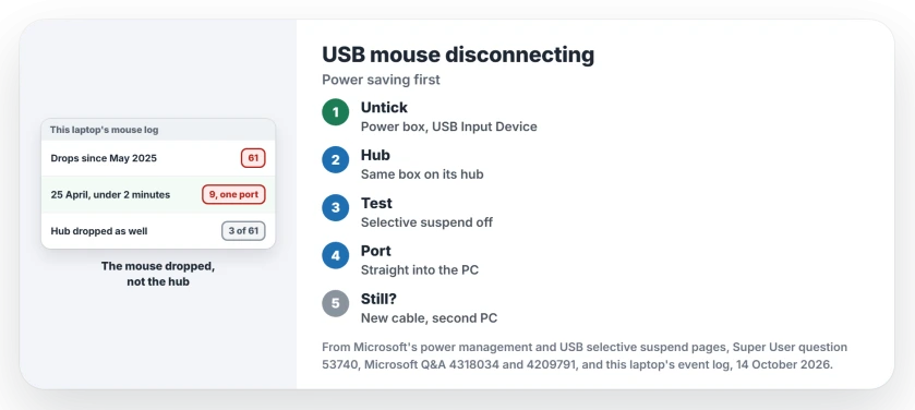 USB mouse keeps disconnecting: in Device Manager clear the power saving box on the mouse's USB Input Devices and its hub, turn off USB selective suspend while plugged in, plug the mouse into the PC itself, then try another cable or mouse