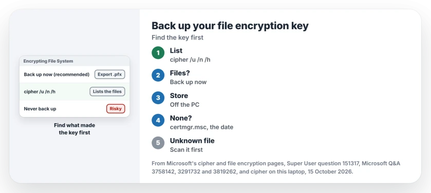 Back up your file encryption key pop-up: list encrypted files with cipher /u /n /h, back up the key if you need those files, check the certificate's date in certmgr.msc if nothing is listed, and scan any file you do not recognize