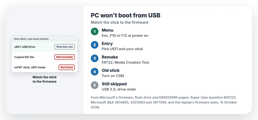 PC won't boot from USB: open the one-time boot menu and pick the UEFI entry, remake a copied or exFAT stick as FAT32, turn on CSM for an old legacy stick, then move it to a USB 2.0 socket and check the hard drive order
