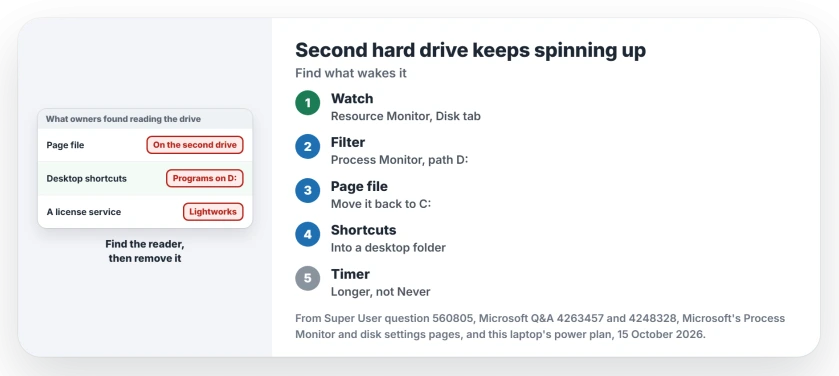 Second hard drive keeps spinning up in Windows: sort Resource Monitor's Disk tab by file, filter Process Monitor by the drive letter, then check the page file, desktop shortcuts and third-party services
