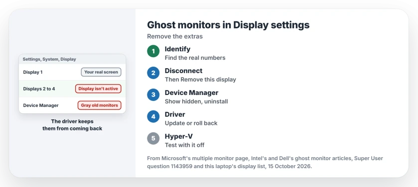 Ghost monitors in Windows Display settings: find your real screens with Identify, choose Disconnect this display and Remove this display for the extras, uninstall gray monitors in Device Manager, then update or roll back the graphics driver and test with Hyper-V off
