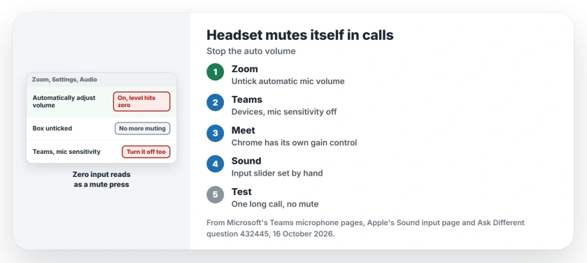 Bluetooth headphones mute themselves in Mac calls: turn off Automatically adjust microphone volume in Zoom's Audio settings and Automatically adjust mic sensitivity in Teams, then set the input level by hand in Sound settings