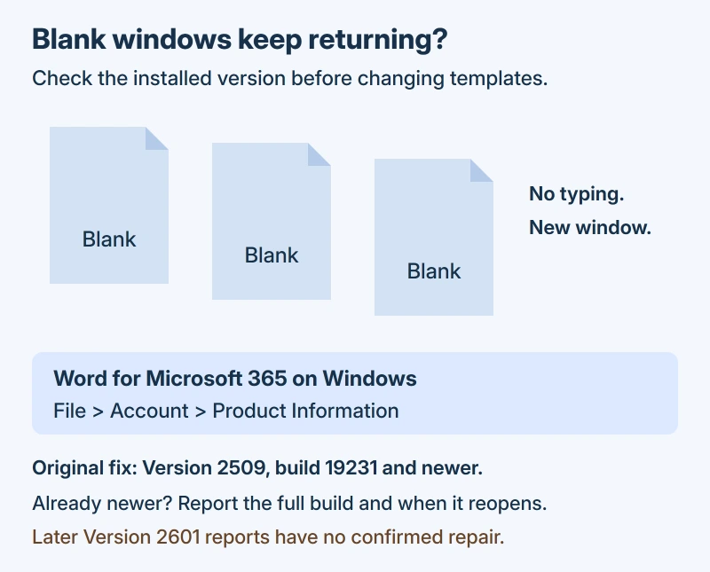 Word repeatedly creates unwanted blank documents; check the installed version before changing templates