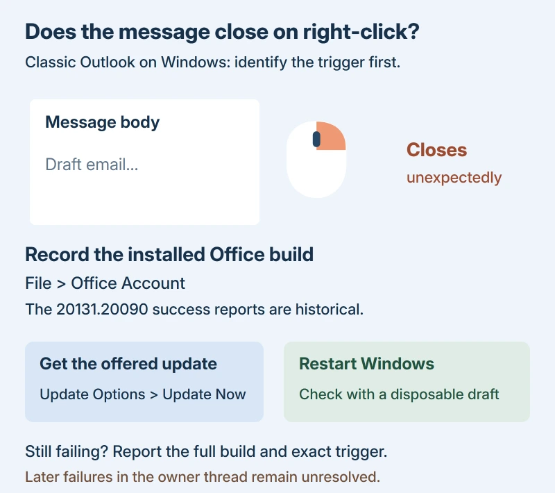 Right-clicking the message body closes classic Outlook; check the Office build before trying another mailbox profile