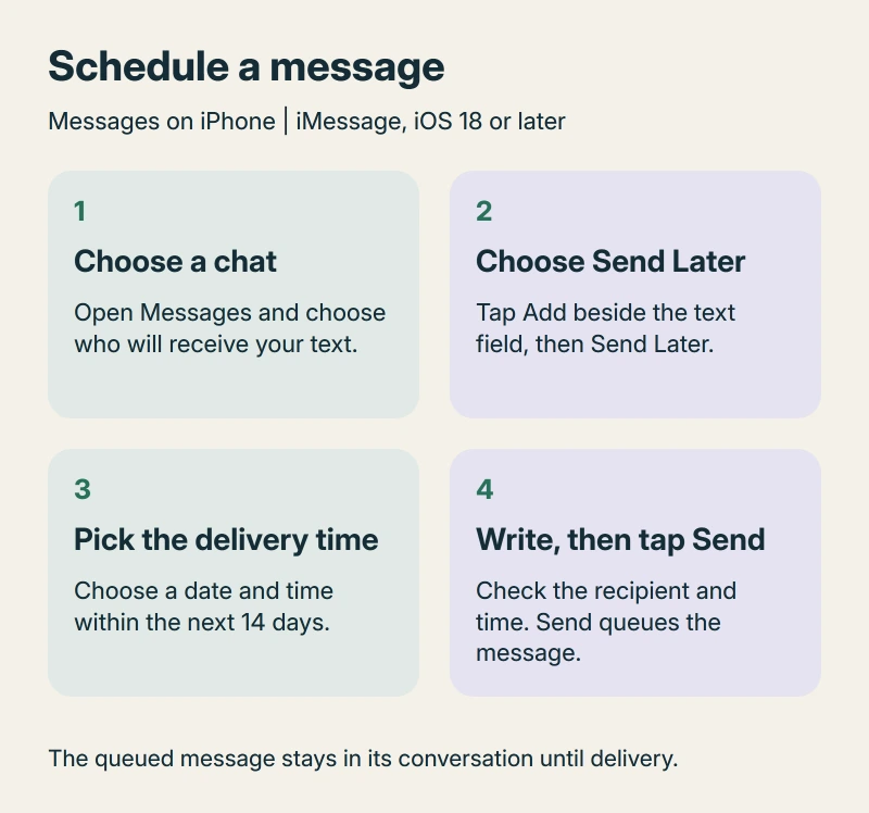 Messages scheduling sequence: choose a conversation, tap Add and Send Later, pick a time within 14 days, then write the message and tap Send