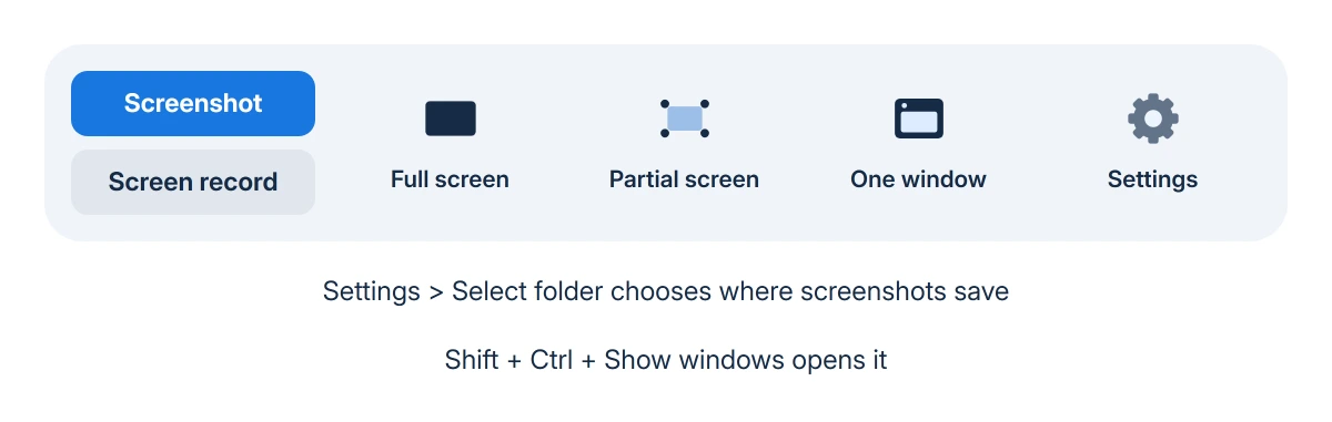 The Chromebook capture menu: Screenshot or Screen record, then a full screen, partial or window capture, and the Settings button that holds Select folder