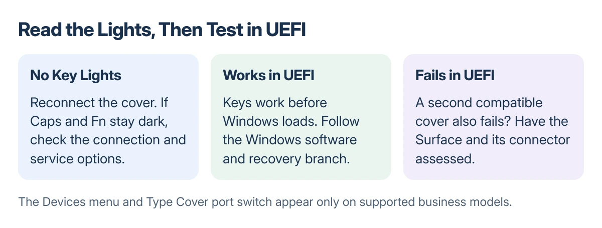 Surface keyboard decision guide: no key lights calls for connection and service checks; working keys in UEFI point toward Windows; keys failing in UEFI need hardware assessment