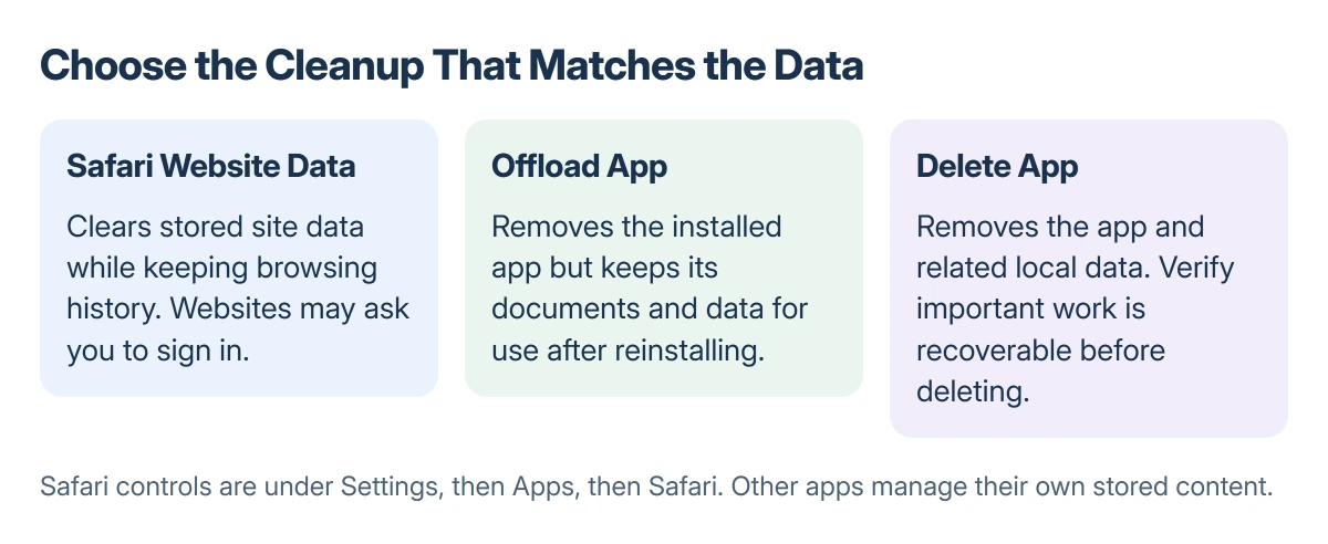 iPhone cleanup comparison: Safari website data clears browser site storage; Offload App removes the app but retains documents; Delete App removes the app and its related local data