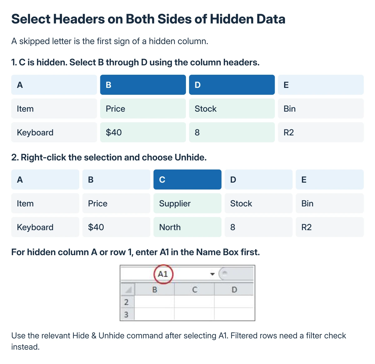 Excel visibility choices: select headers around a hidden column; use A1 for a missing first column or row; select the whole sheet only when every hidden area should be revealed