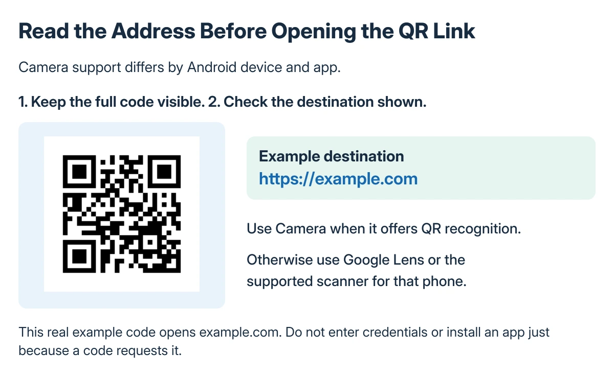 Android QR choices: Pixel Camera uses scan suggestions; Galaxy Camera has Scan QR codes; a Quick Settings scanner offers a separate direct route