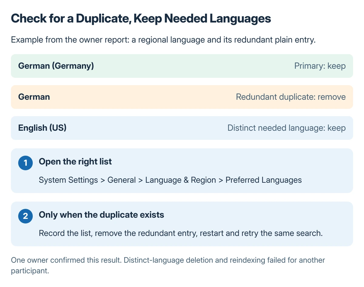 Preferred-language example distinguishing a kept primary regional language, a redundant duplicate and a separate language that should stay