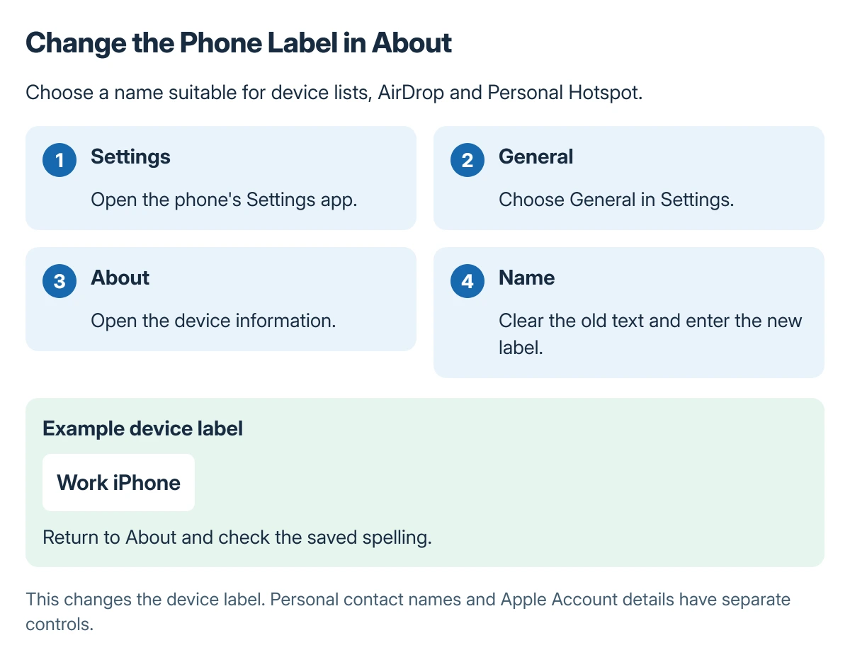 iPhone naming procedure: Settings, General, About and Name, followed by an example device label without private contact details