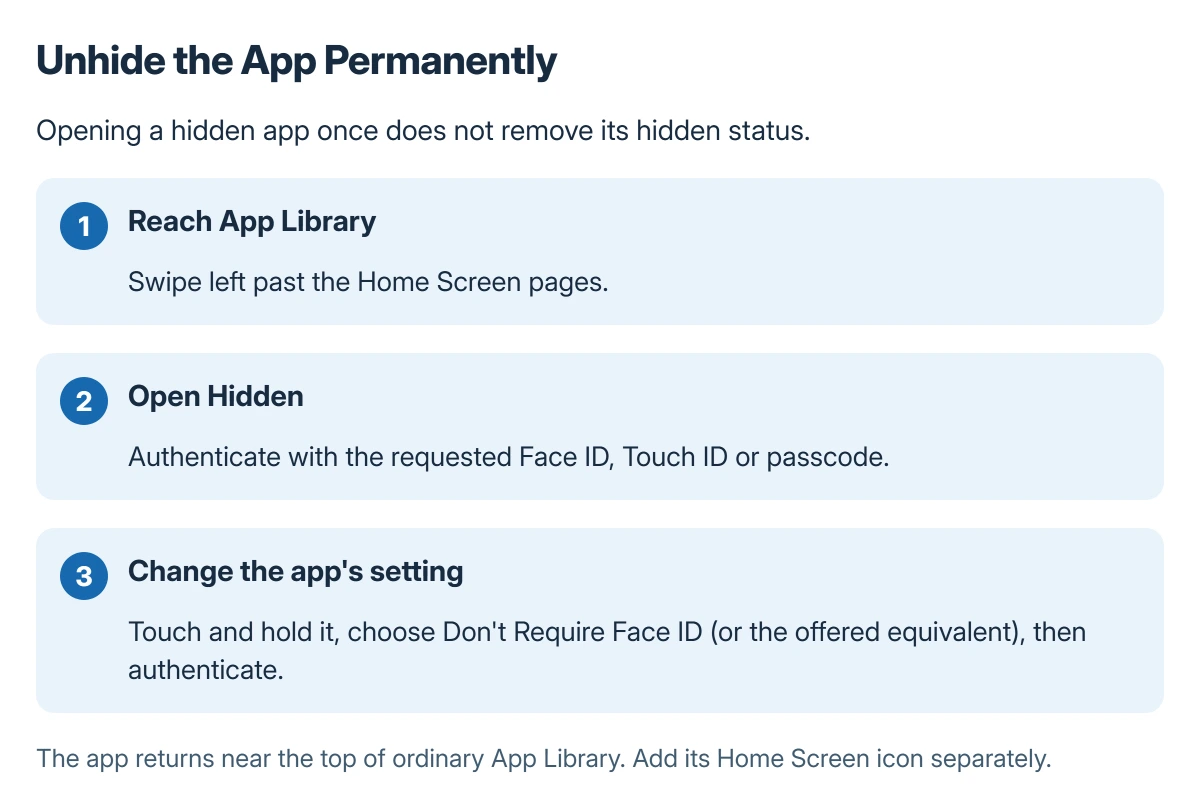 Unhide workflow: reach App Library, open Hidden with authentication, and choose the app's Don't Require authentication command