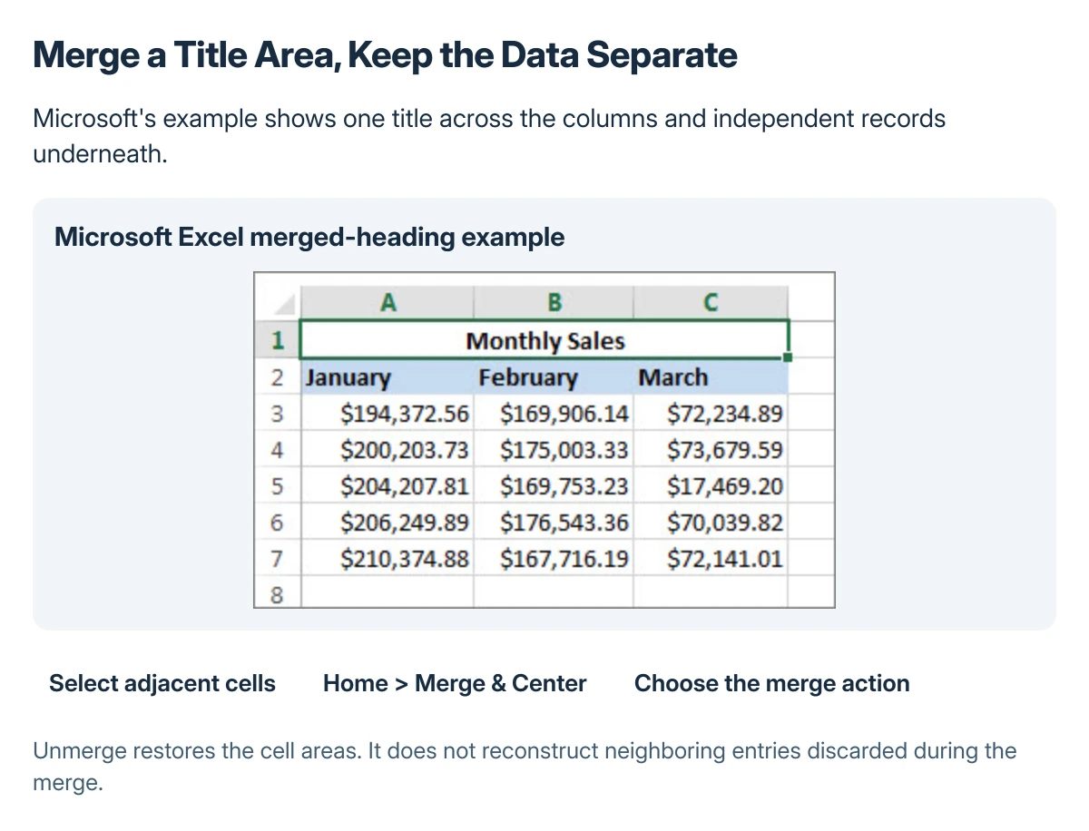 Microsoft's Excel merge example showing a heading spread across multiple columns, with its original labels kept readable