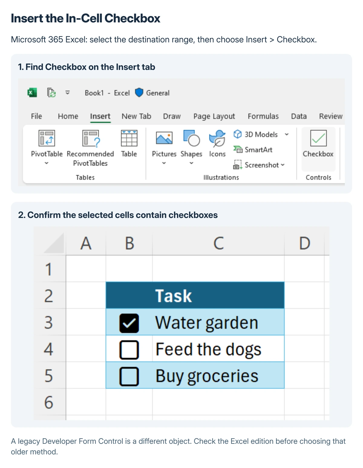 Microsoft's in-cell Excel checkbox example showing the Insert checkbox feature for a selected worksheet range