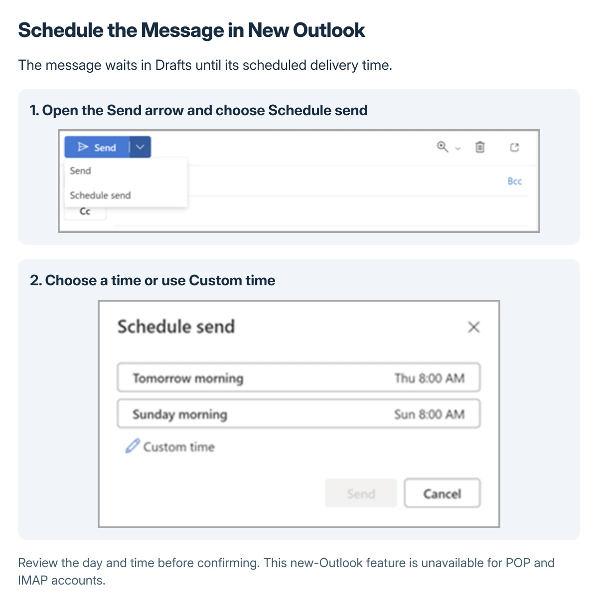 Microsoft's new Outlook Schedule send controls, showing the Send menu and the delivery-time selection