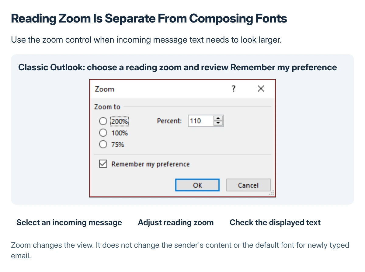Microsoft's classic Outlook Zoom dialog showing the reading-size selection and Remember my preference option